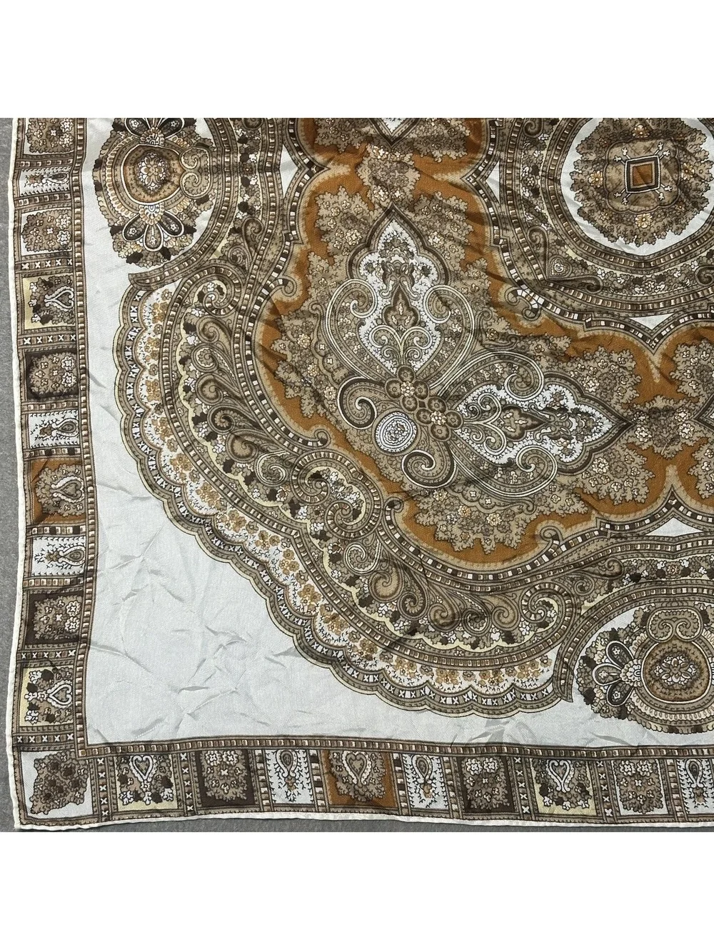 Vintage Square Mandala Pattern Silky Scarf in Cream and Brown